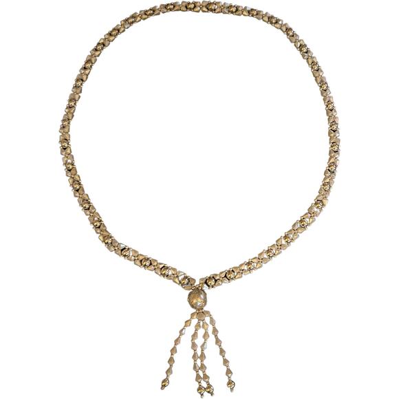 Vintage 80s Silver Beaded Tassel Necklace - White Crystal Drop Statement Piece - Picture 10 of 13